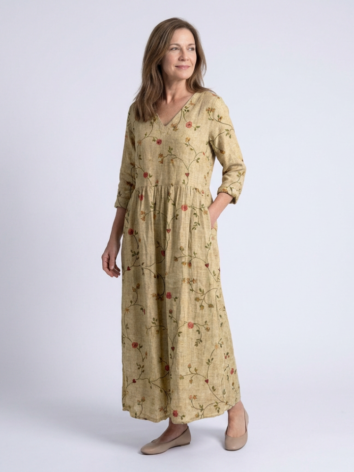 Tatum - Floral V Neck Three Quarter Sleeve Maxi Dress