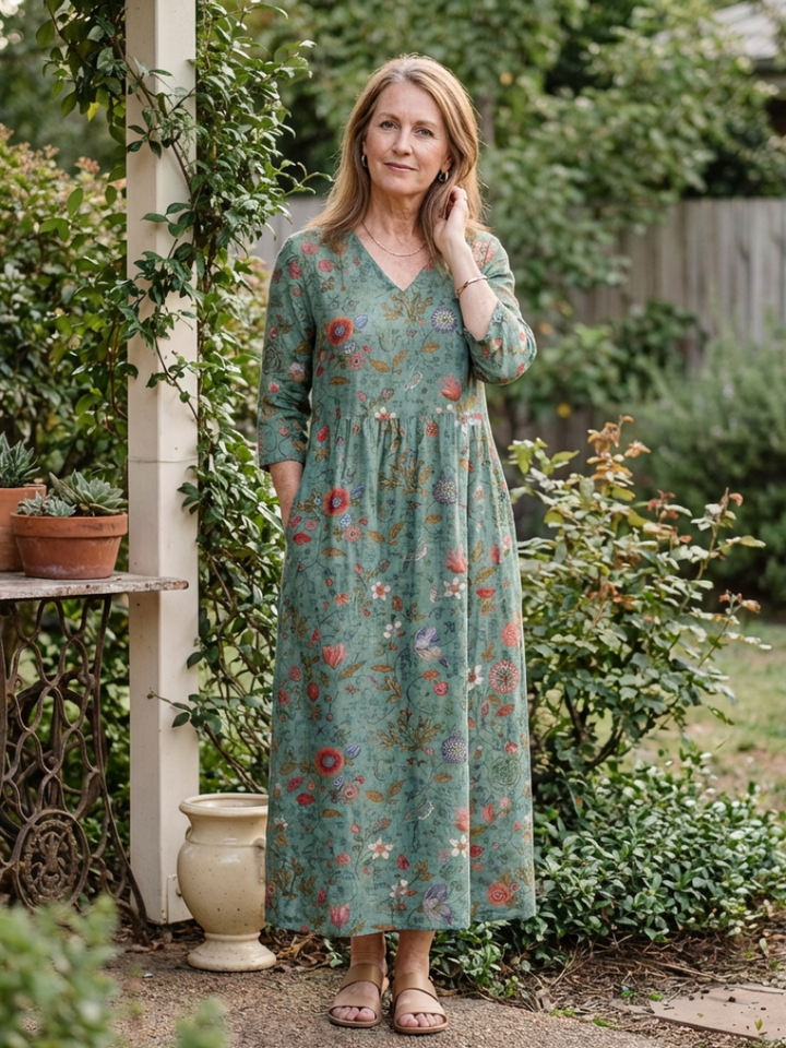 Tatum - Floral V Neck Three Quarter Sleeve Maxi Dress