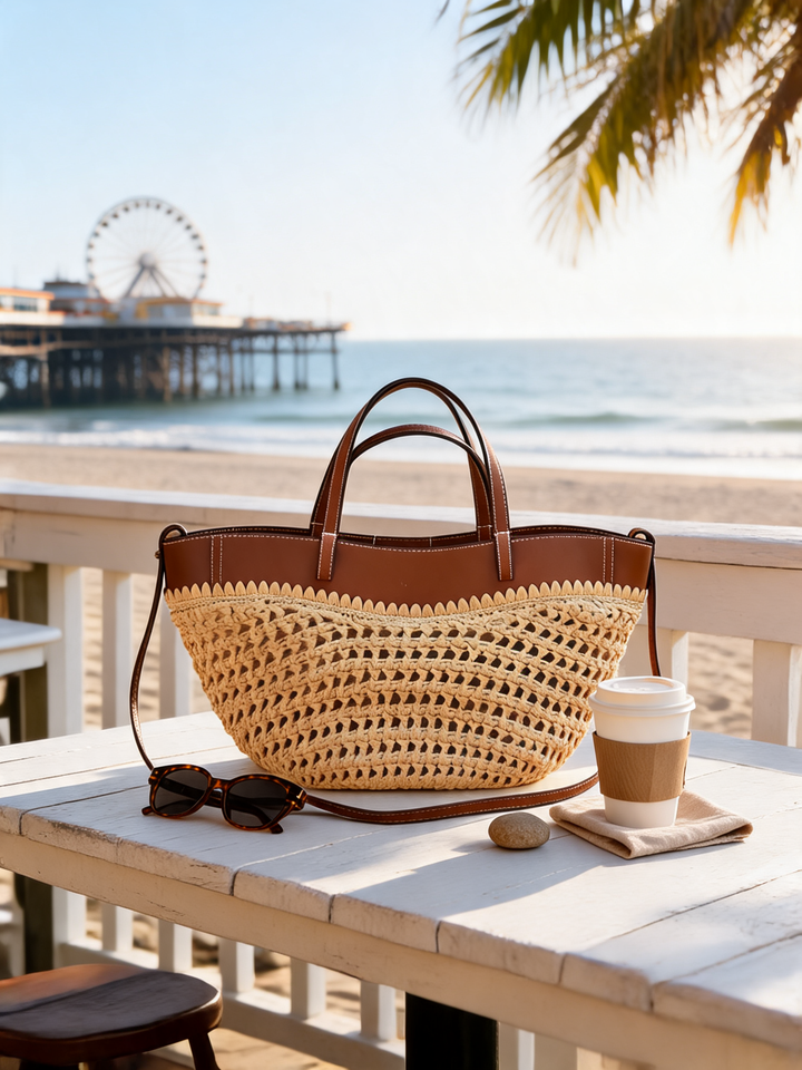 Addison – Refined Leather Raffia Tote