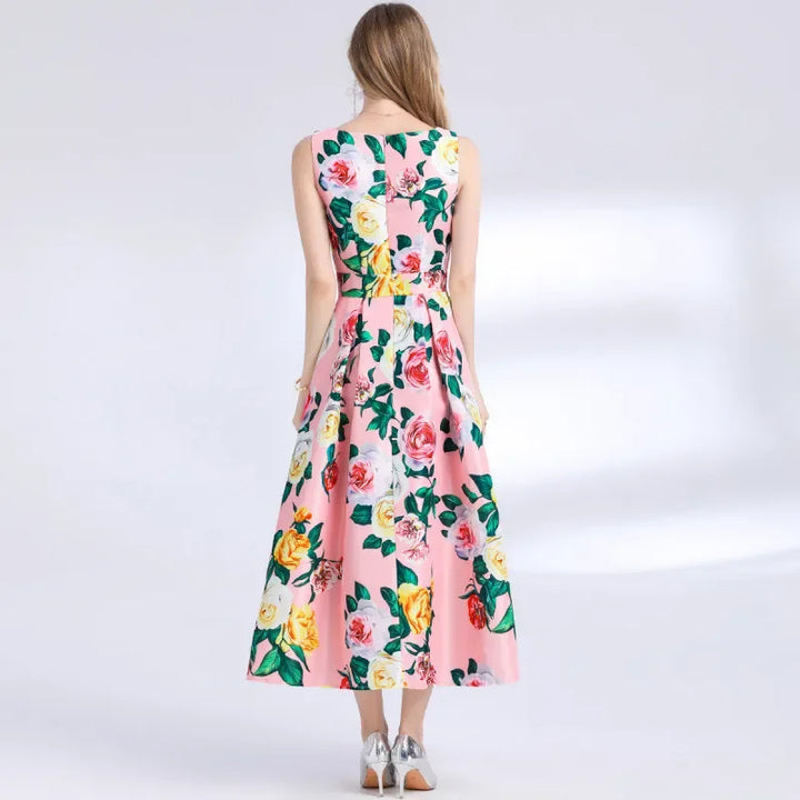 Sophie 3D Floral Midi Dress – back view sleeveless design | Leah & Lila