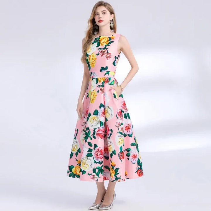 Sophie 3D Floral Midi Dress – side view empire waist | Leah & Lila