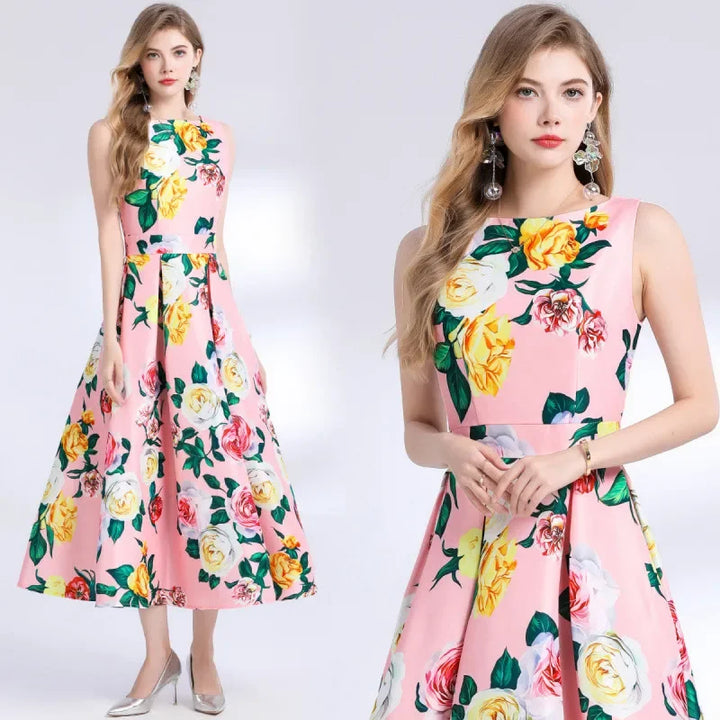 Sophie 3D Floral Midi Dress – front view A-line silhouette | Leah & Lila