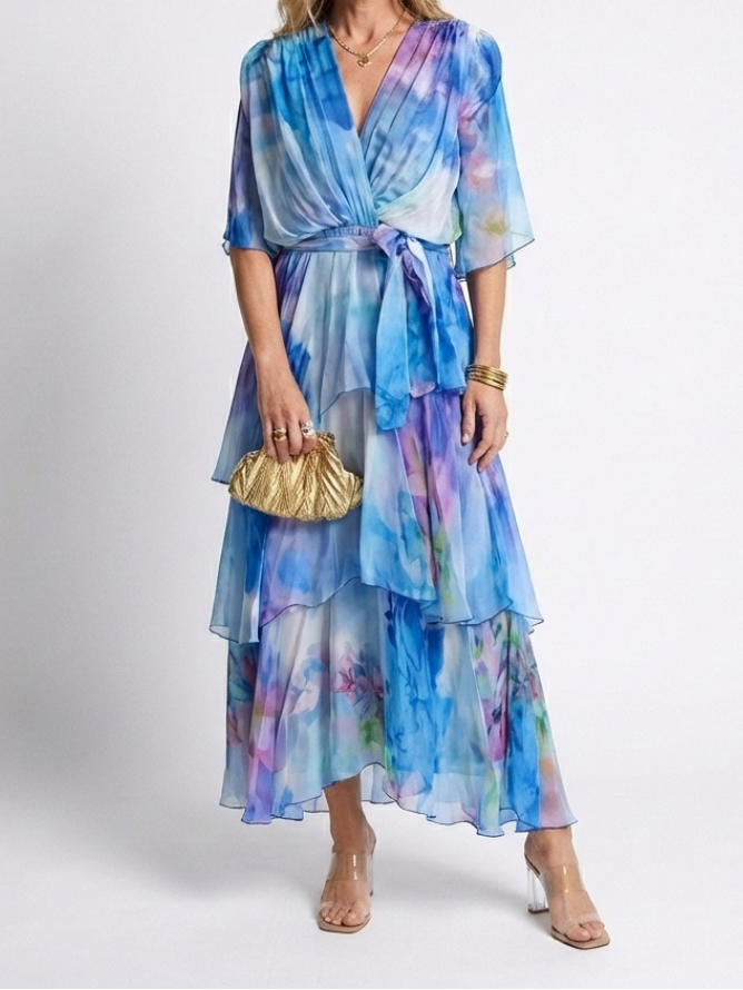 Avery - Sheer Layered V Neck Tie Waist Maxi Dress