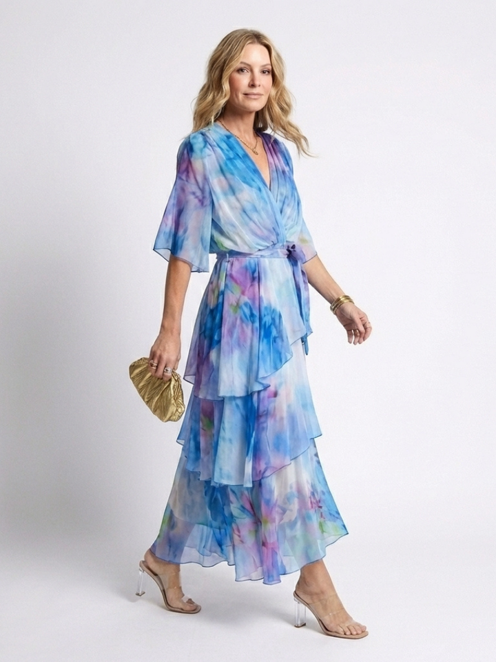 Avery - Sheer Layered V Neck Tie Waist Maxi Dress