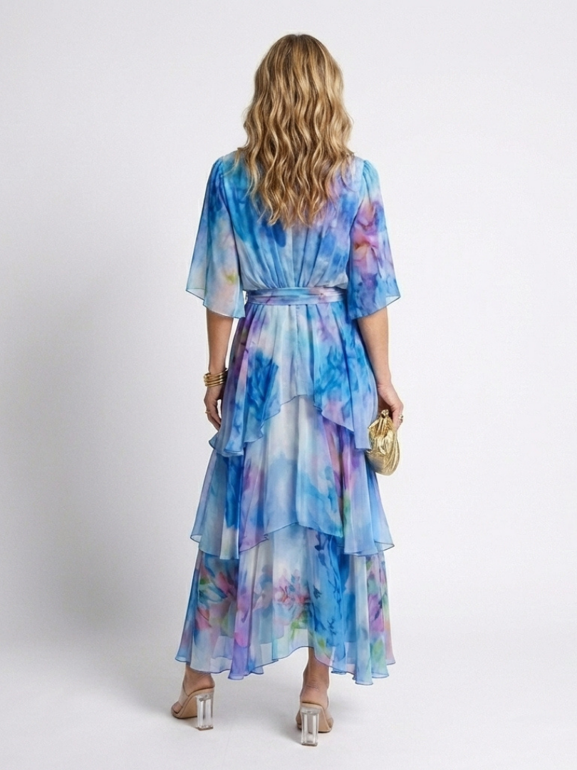 Avery - Sheer Layered V Neck Tie Waist Maxi Dress