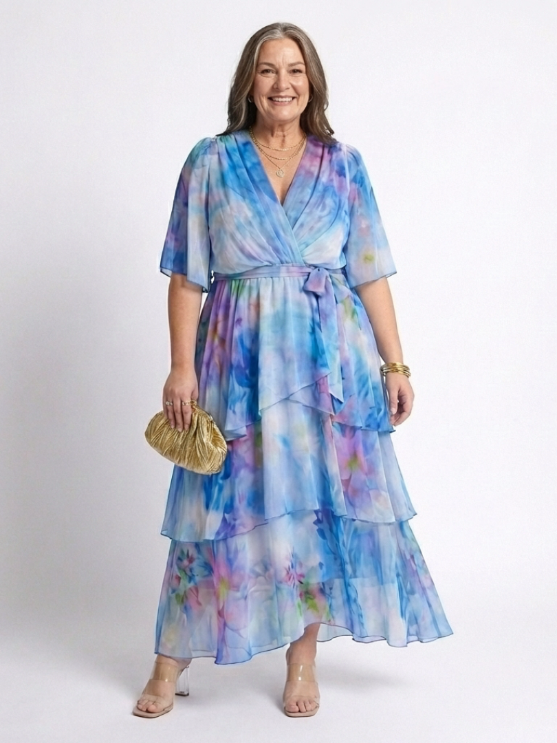 Avery - Sheer Layered V Neck Tie Waist Maxi Dress