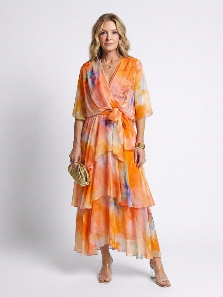 Avery - Sheer Layered V Neck Tie Waist Maxi Dress