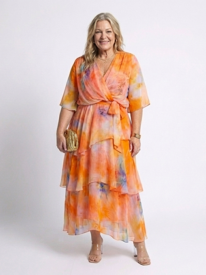 Avery - Sheer Layered V Neck Tie Waist Maxi Dress