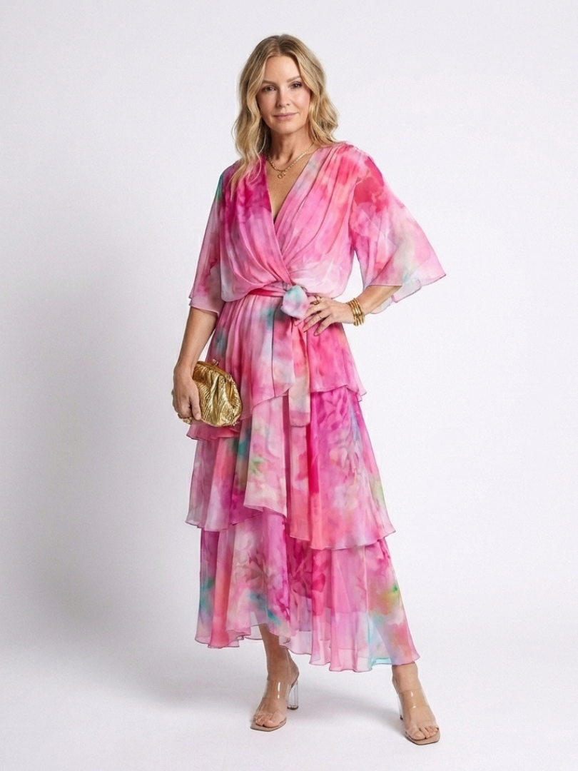 Avery - Sheer Layered V Neck Tie Waist Maxi Dress