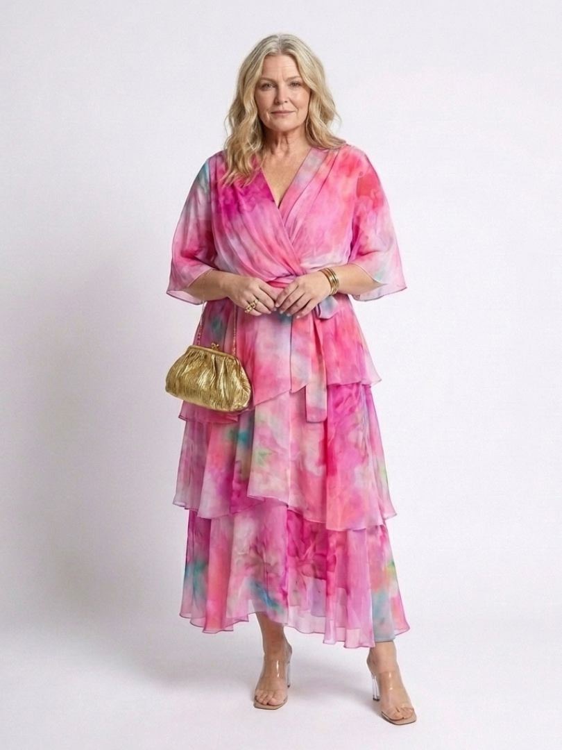 Avery - Sheer Layered V Neck Tie Waist Maxi Dress