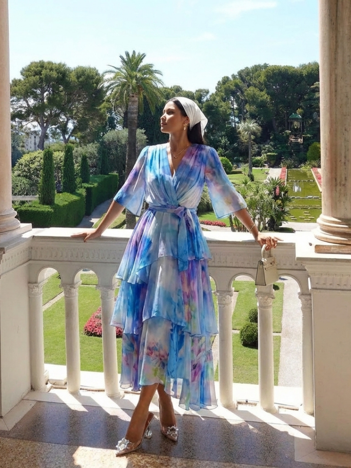 Avery - Sheer Layered V Neck Tie Waist Maxi Dress