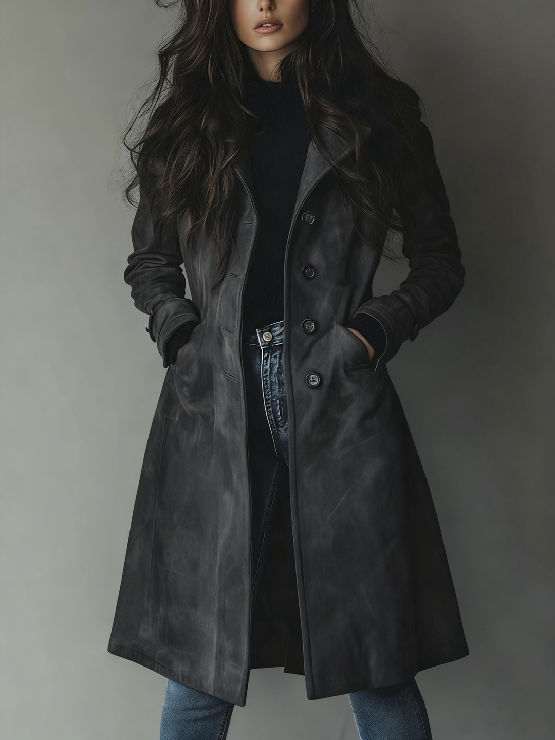 Vintage-inspired long trench coat for women, tailored outerwear