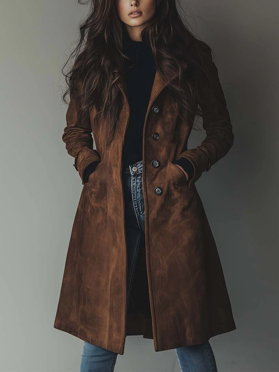 Vintage-inspired long trench coat for women, tailored outerwear