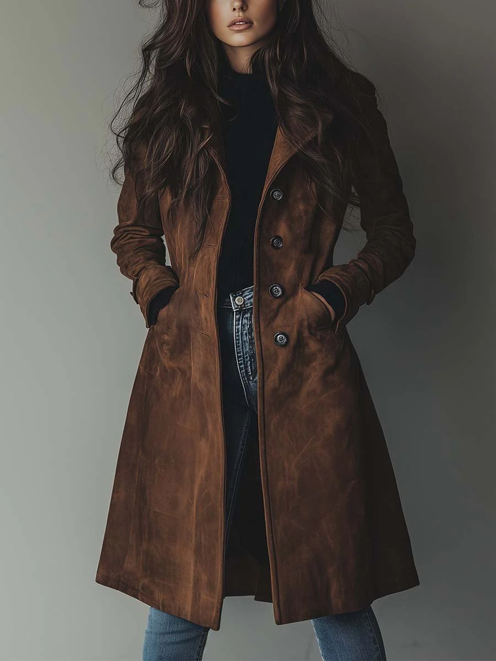 Vintage-inspired long trench coat for women, tailored outerwear