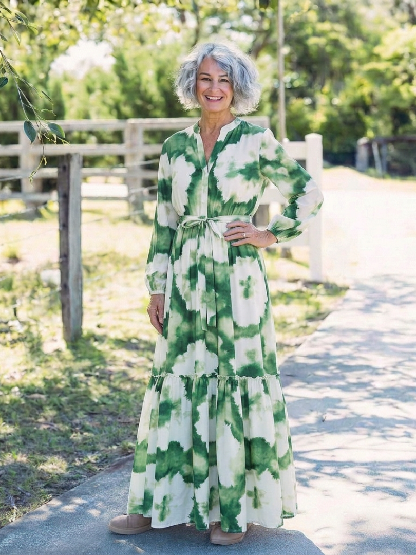 Violet - Long Sleeve Tie Waist Tiered Maxi Dress