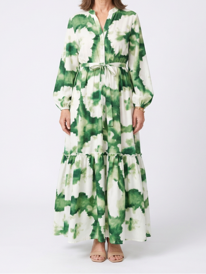 Violet - Long Sleeve Tie Waist Tiered Maxi Dress
