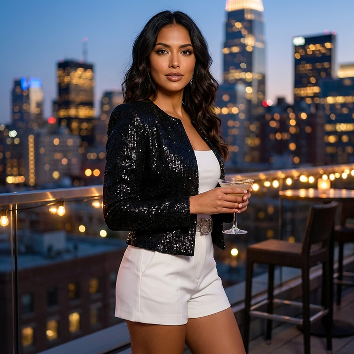 Cropped ladies' blazer with sequins, glamorous open evening jacket