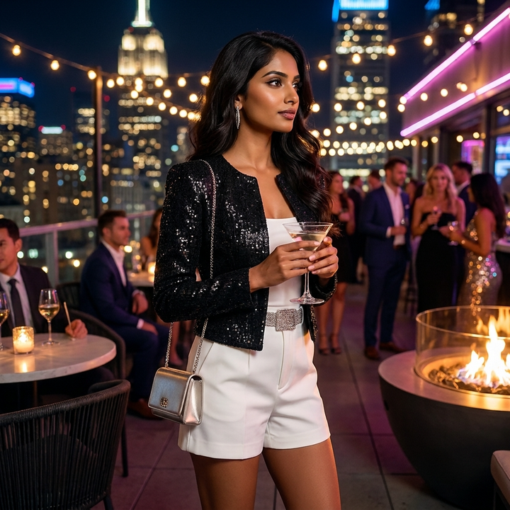 Cropped ladies' blazer with sequins, glamorous open evening jacket