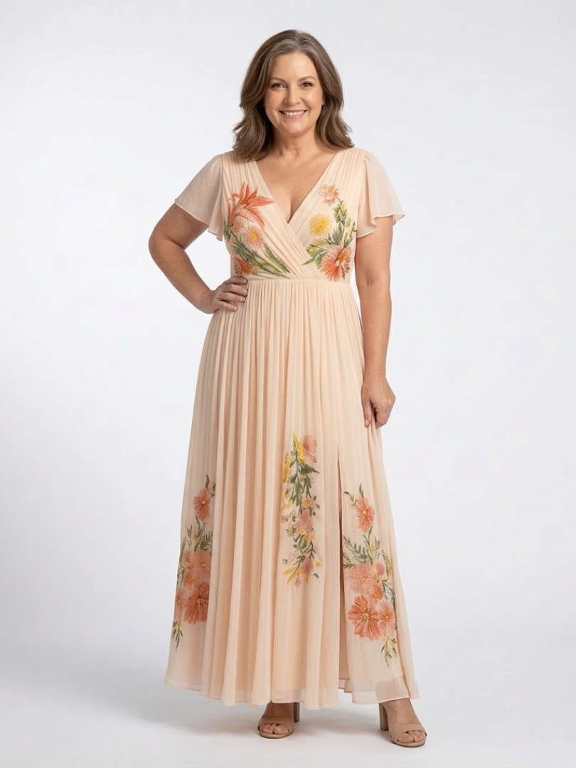 Ember - V Neck Short Sleeve Pleated Floral Maxi Dress