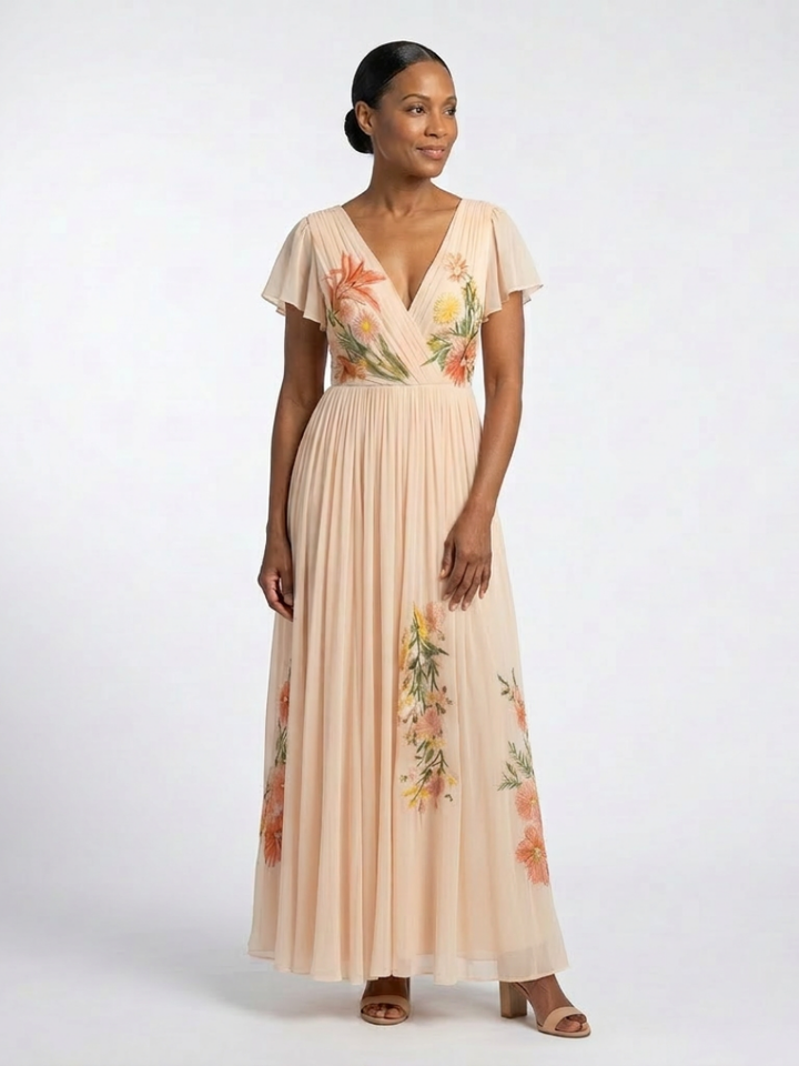 Ember - V Neck Short Sleeve Pleated Floral Maxi Dress