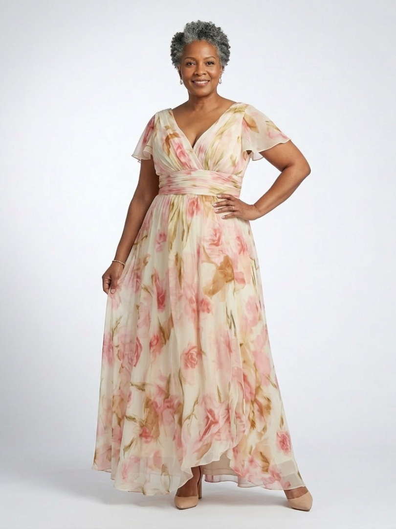 Paige - V Neck Short Sleeve Floral Maxi Dress