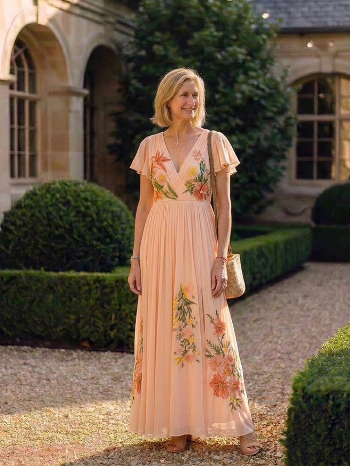 Ember - V Neck Short Sleeve Pleated Floral Maxi Dress