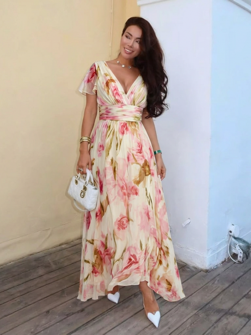 Paige - V Neck Short Sleeve Floral Maxi Dress