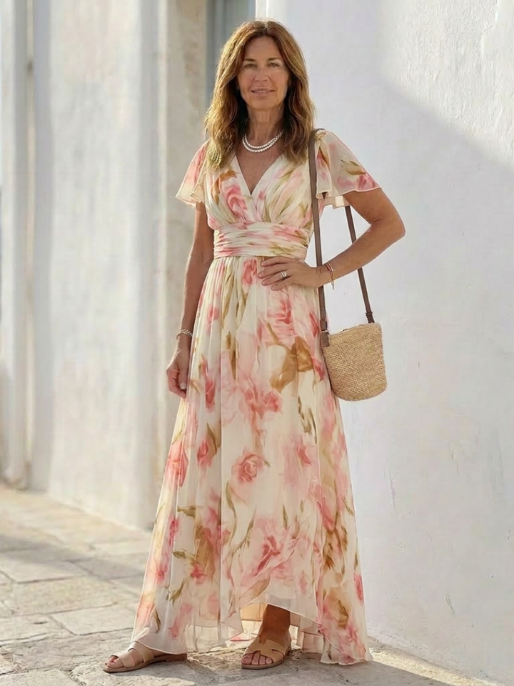 Paige - V Neck Short Sleeve Floral Maxi Dress