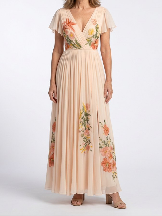 Ember - V Neck Short Sleeve Pleated Floral Maxi Dress