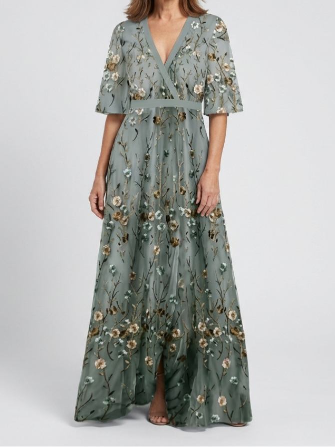 Laurel - Floral V Neck Short Sleeve Maxi Dress