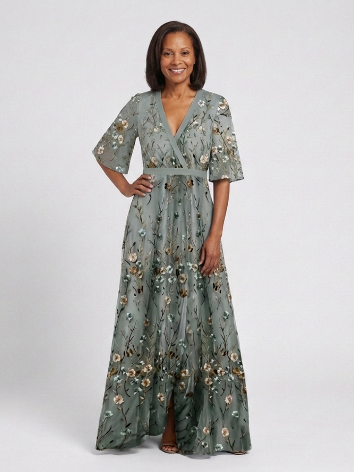 Laurel - Floral V Neck Short Sleeve Maxi Dress