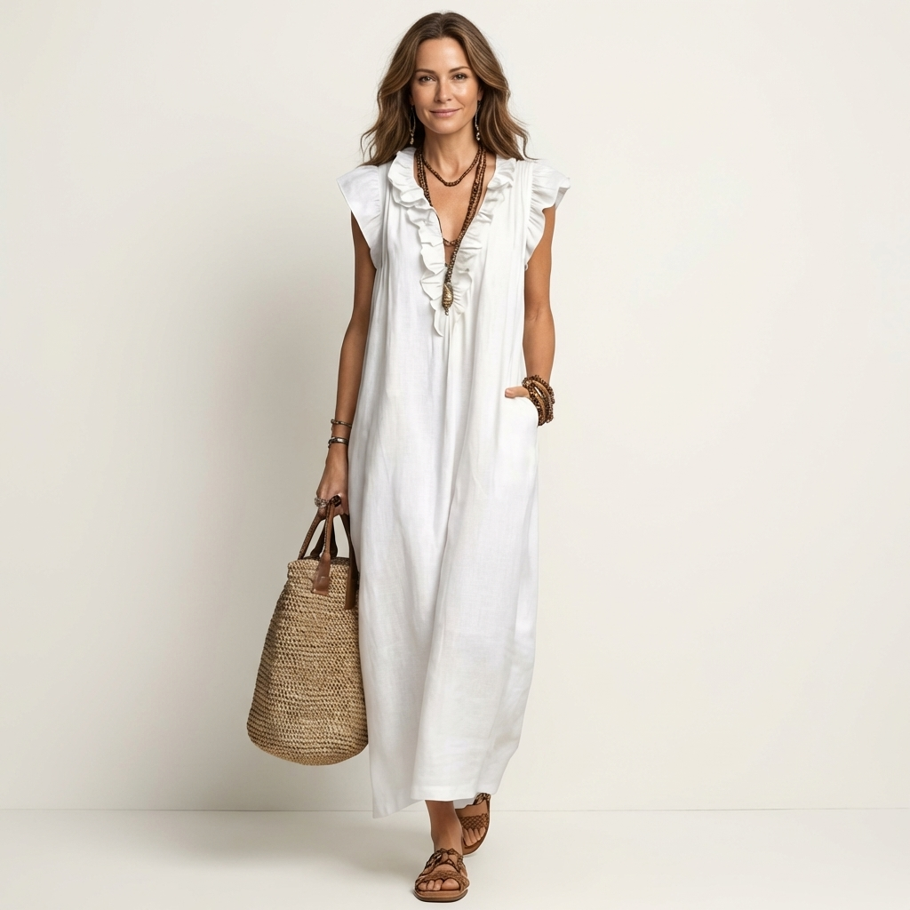 Josette – Ruffle V-Neck Linen Maxi Dress
