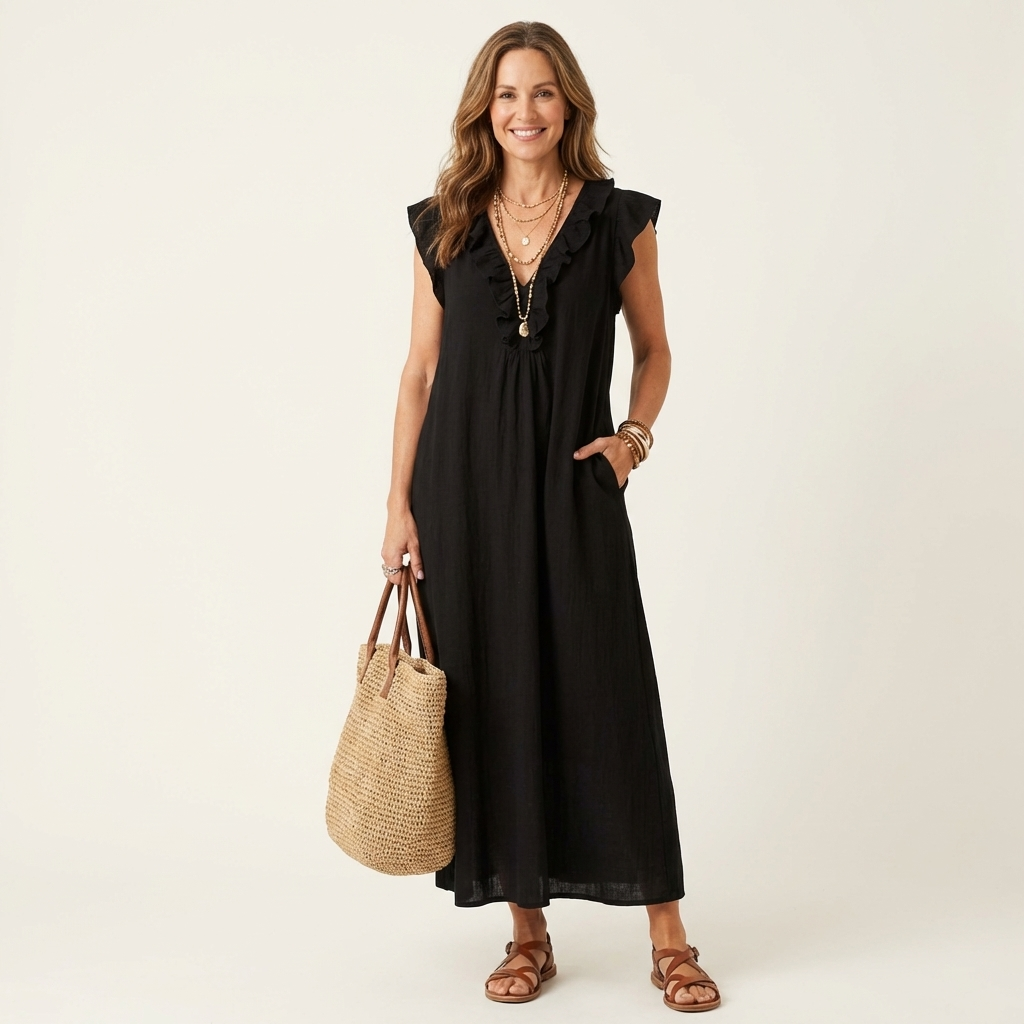 Josette – Ruffle V-Neck Linen Maxi Dress