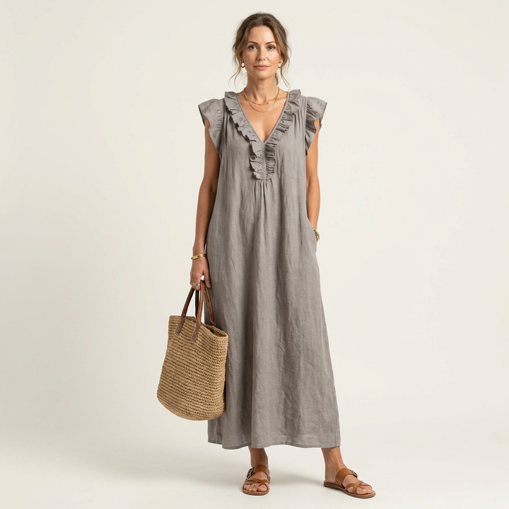 Josette – Ruffle V-Neck Linen Maxi Dress