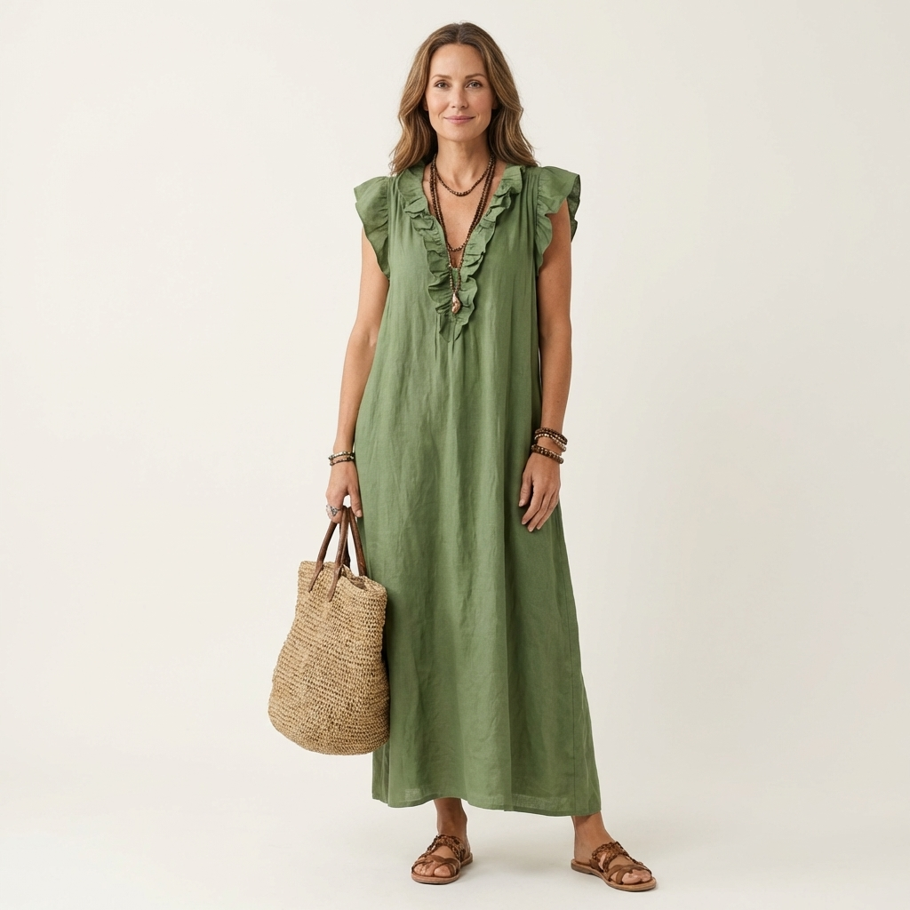 Josette – Ruffle V-Neck Linen Maxi Dress