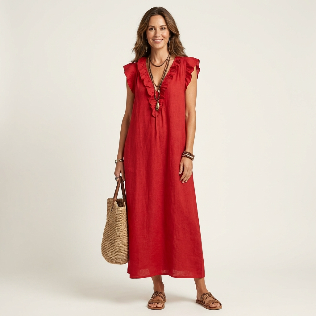 Josette – Ruffle V-Neck Linen Maxi Dress