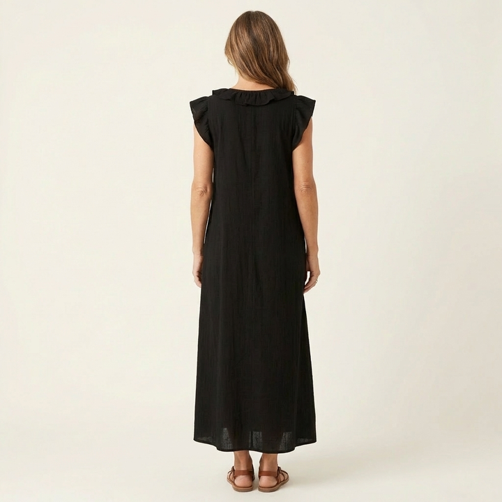 Josette – Ruffle V-Neck Linen Maxi Dress