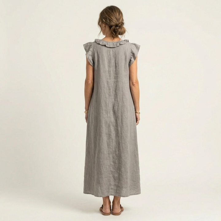 Josette – Ruffle V-Neck Linen Maxi Dress