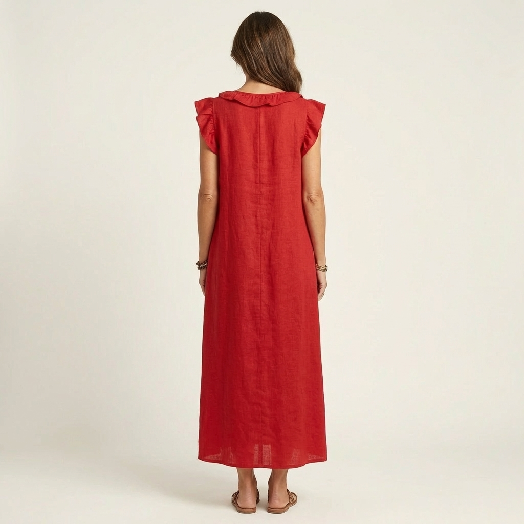 Josette – Ruffle V-Neck Linen Maxi Dress