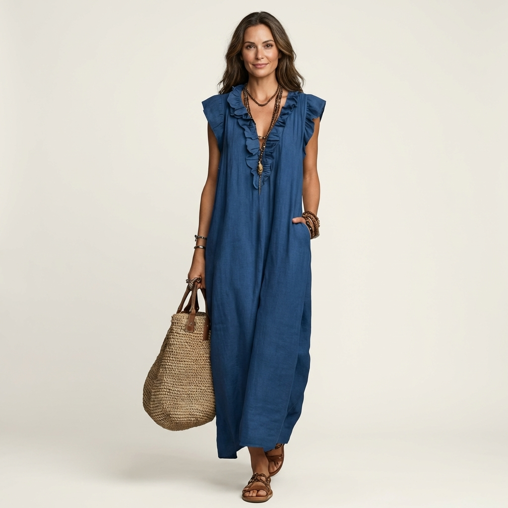 Josette – Ruffle V-Neck Linen Maxi Dress