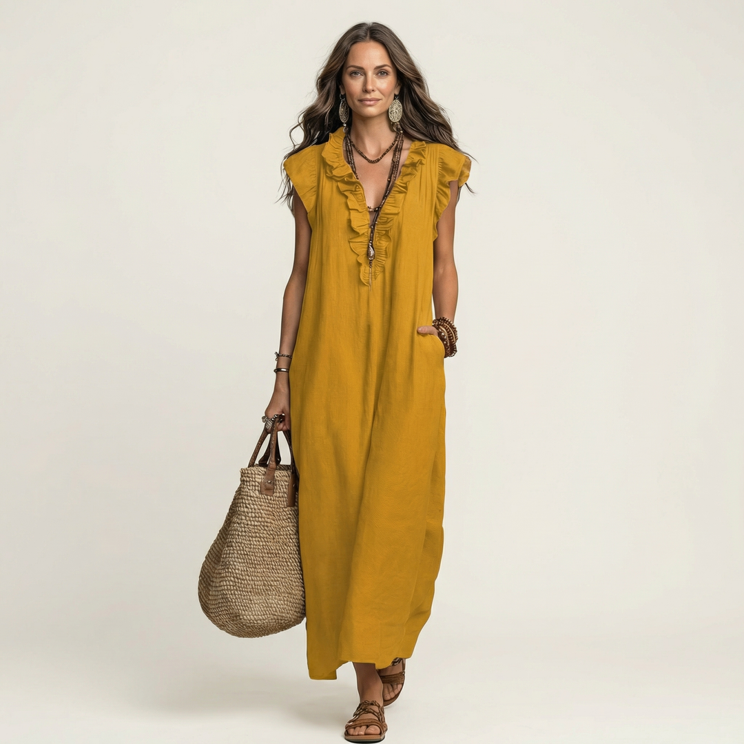 Josette – Ruffle V-Neck Linen Maxi Dress