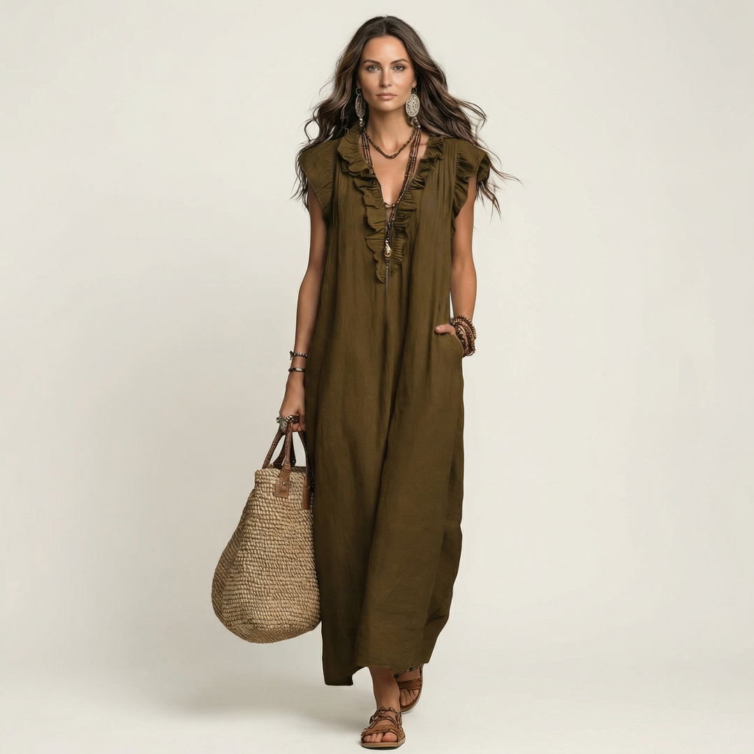 Josette – Ruffle V-Neck Linen Maxi Dress