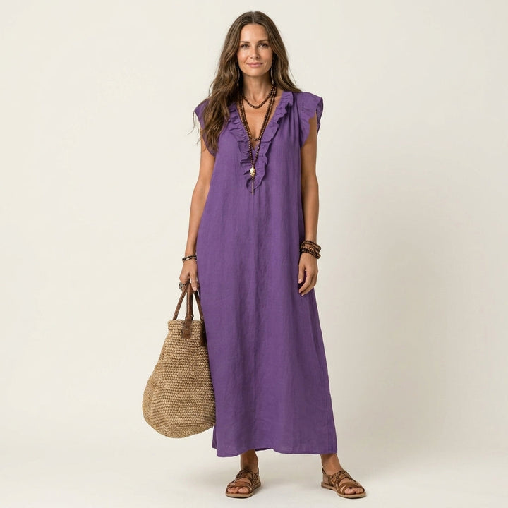 Josette – Ruffle V-Neck Linen Maxi Dress