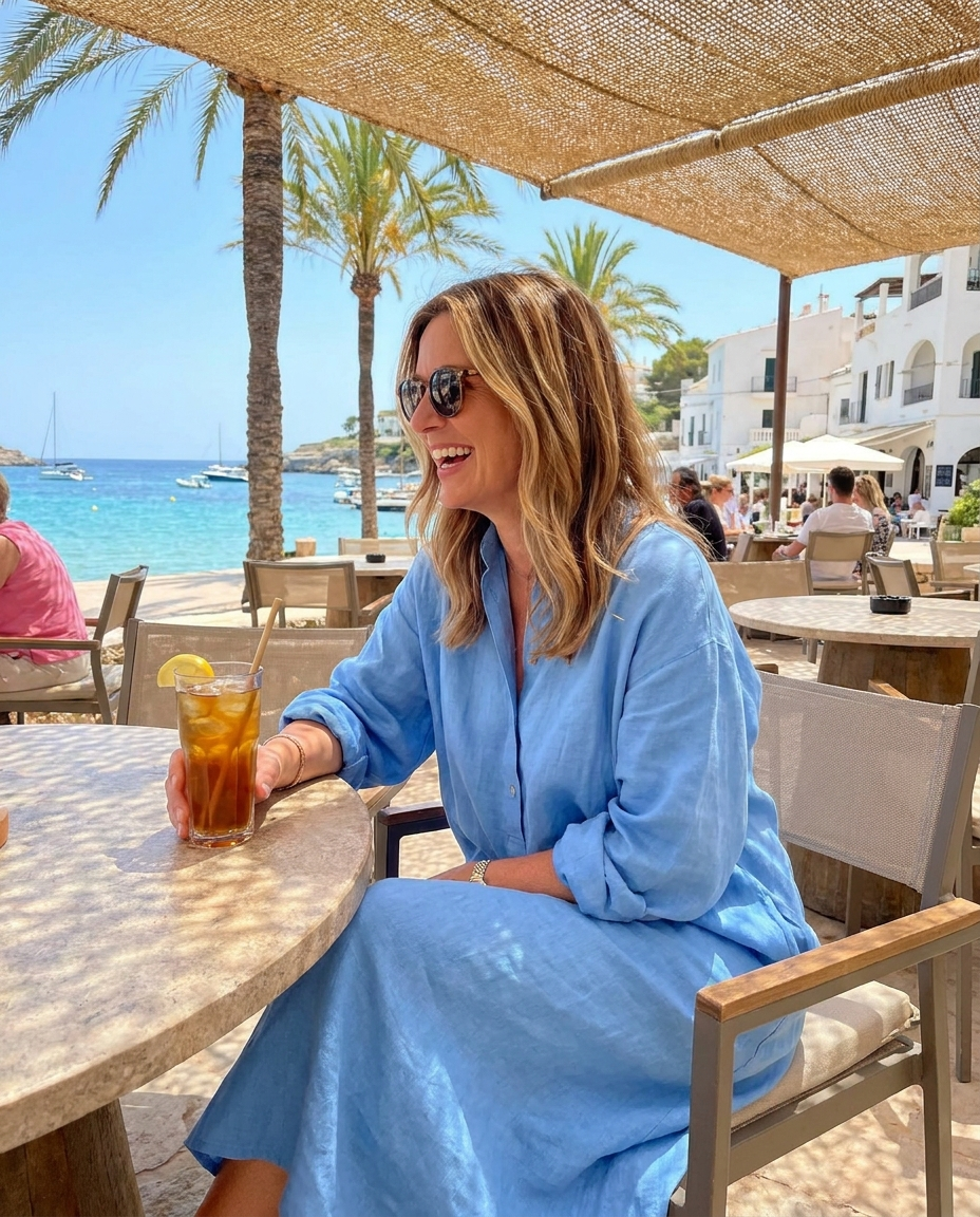 Amener sky blue dress outdoor cafe lifestyle