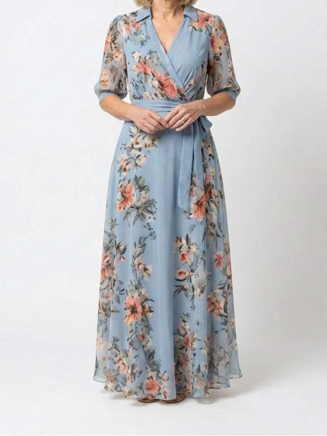 Brynn - Floral Wrap V Neck Maxi Dress