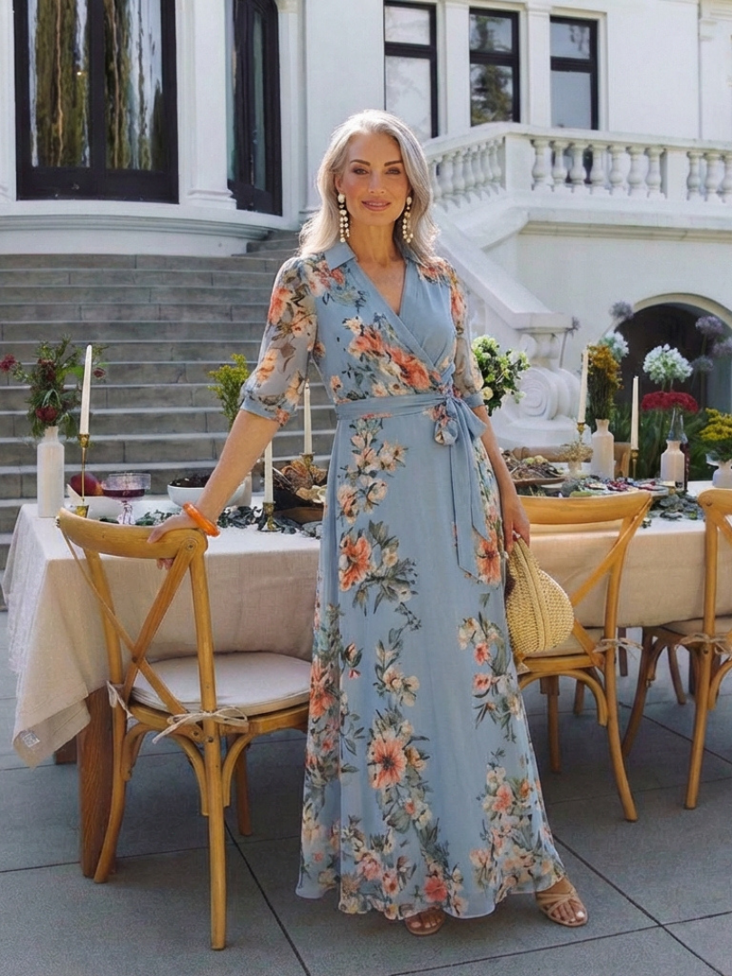Brynn - Floral Wrap V Neck Maxi Dress