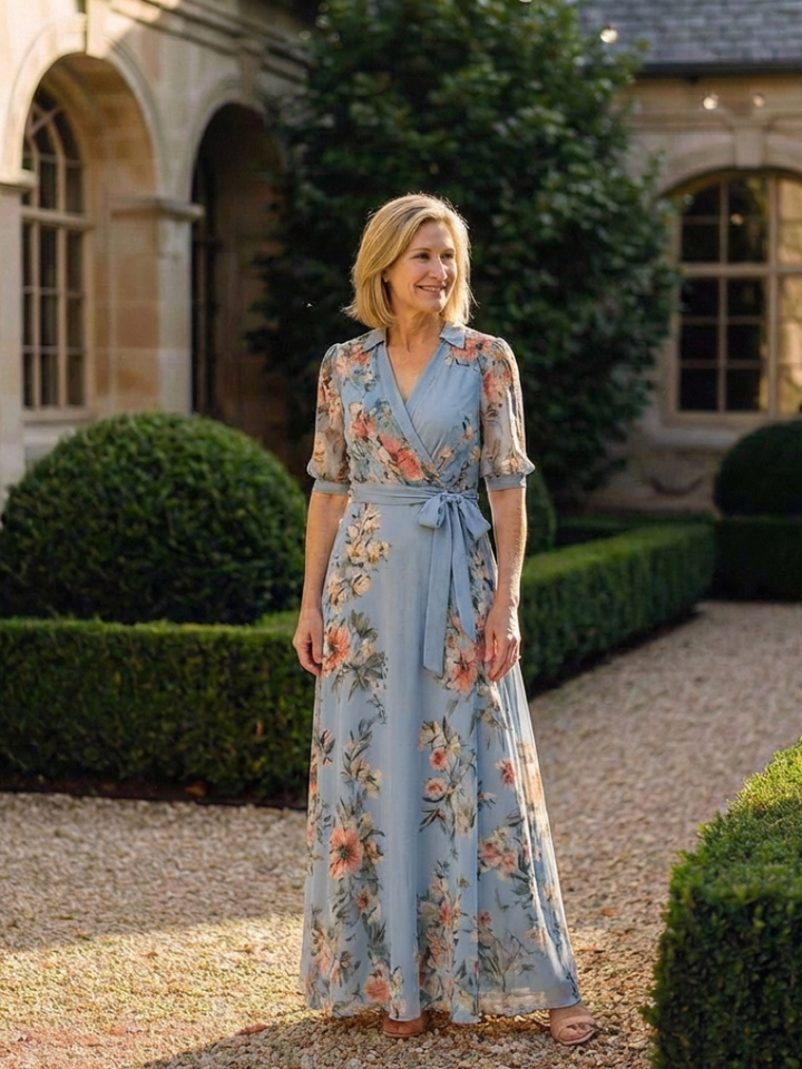 Brynn - Floral Wrap V Neck Maxi Dress